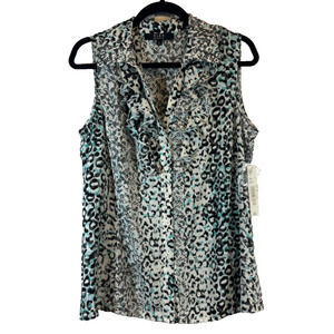 NEW $69 Alex Marie L Snow Leopard Animal Print Sleeveless V-neck Tunic Blous A47